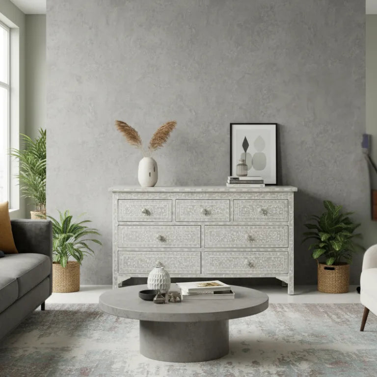 Pale Gray 7 Drawer Dresser styled in modern living room as chest of drawers