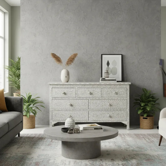 Pale Gray 7 Drawer Dresser styled in modern living room as chest of drawers