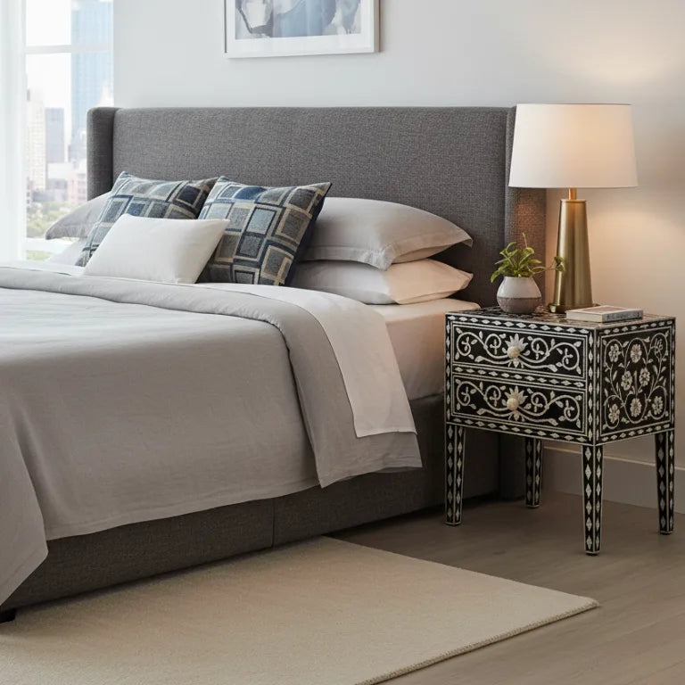 Mother of Pearl Black Bedside Table in bedroom setup – 2 Drawer Lotus Design Nightstand