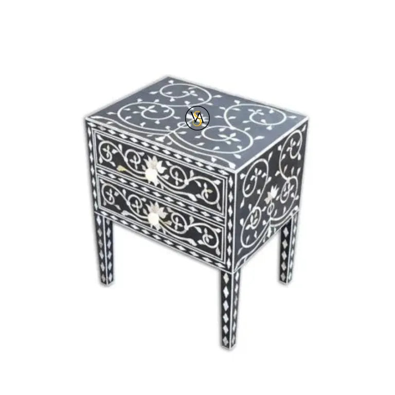 Angled view of 2 Drawer Nightstand – Mother of Pearl Inlay Bedside Table