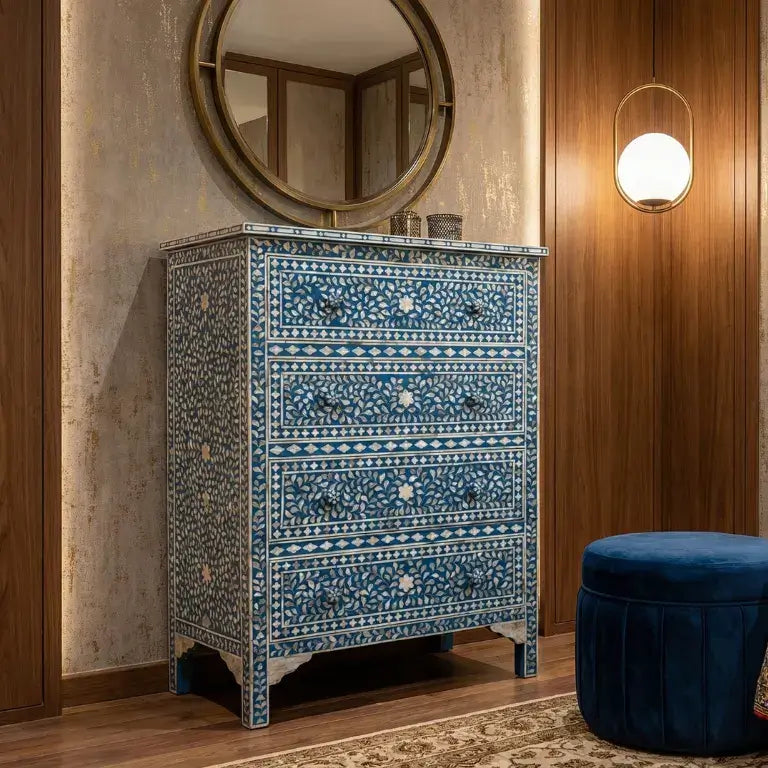 Luxury Mother of Pearl Blue Dresser in Bedroom Interior with wooden walls and a round mirror.