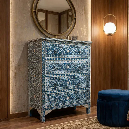 Luxury Mother of Pearl Blue Dresser in Bedroom Interior with wooden walls and a round mirror.