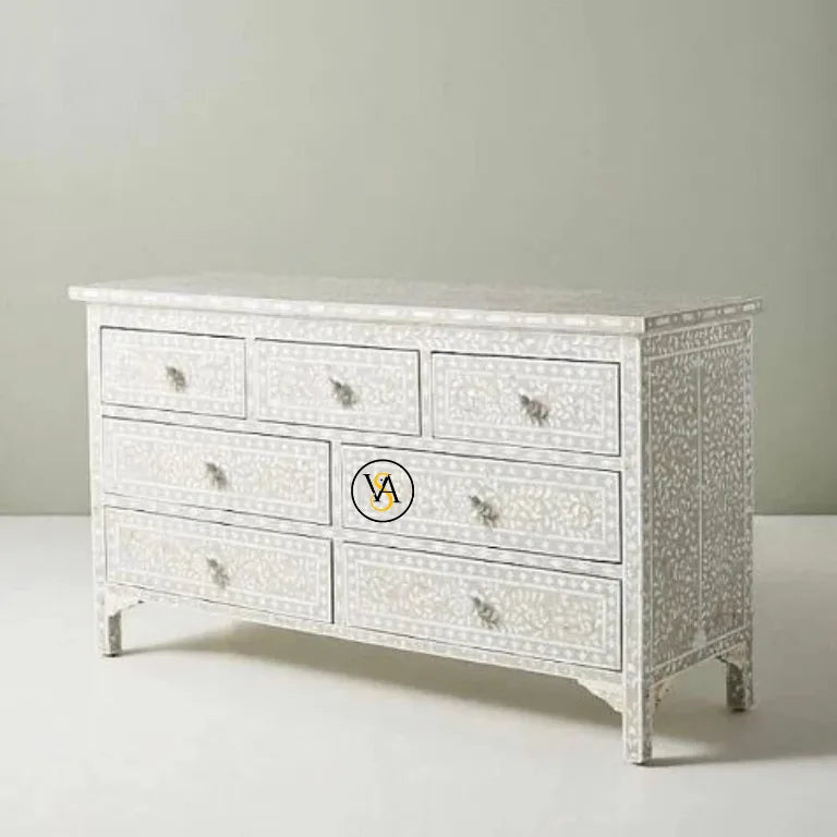 Mother Of Pearl Chest Of 7 Drawers in pale gray with floral inlay design