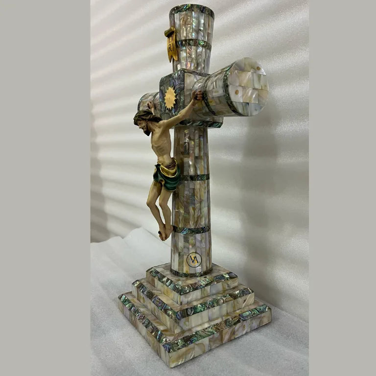 Detailed Side View of Mother-of-Pearl Cross with Jesus Figure