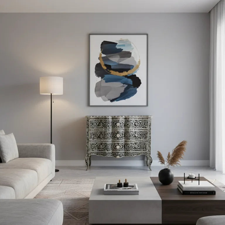 Mother of Pearl Inlay Chest of Drawers Styled in Modern Living Room