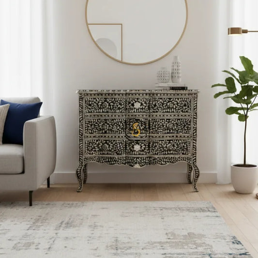Mother of Pearl Inlay Chest of Drawers Styled in Modern Living Room