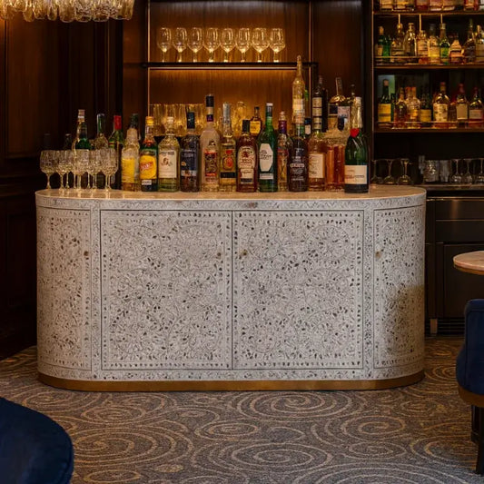 Luxury Mother of Pearl Inlay Curved Bar Sideboard in elegant bar setting