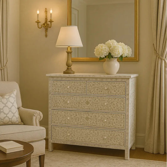 Luxury Inlay Dresser in Classic Bedroom Interior Setting