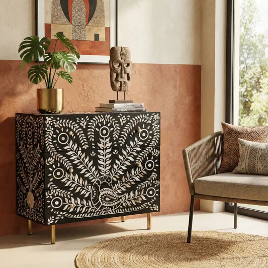 Mother of Pearl Inlay Sideboard Cabinet in Black with peacock design in a living room setting