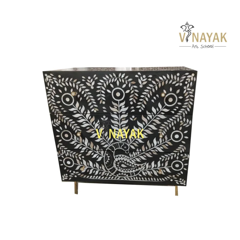 3 Drawer Black Sideboard with Peacock Design
