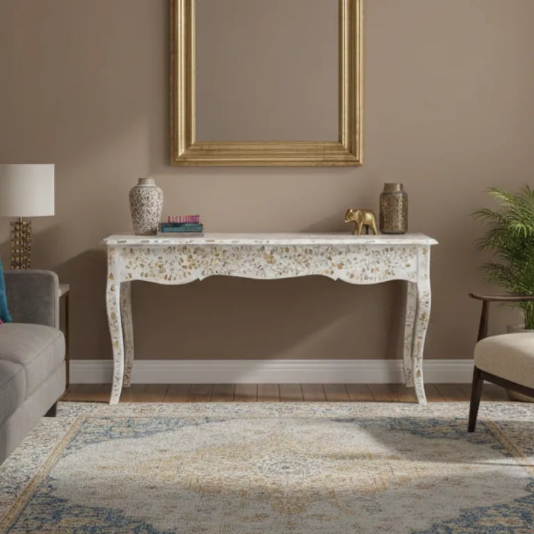Luxury White Console Table in Living Room with a gray sofa, side lamp, and decorative pillows.