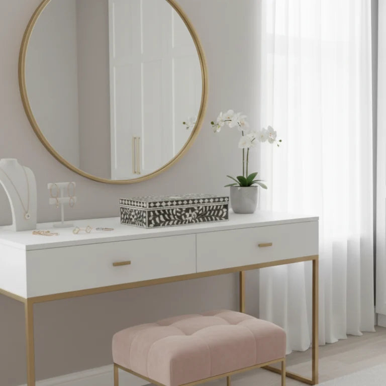 Mother of Pearl Jewelry Box on dressing table with round mirror, pink stool, and decorative items in a room.