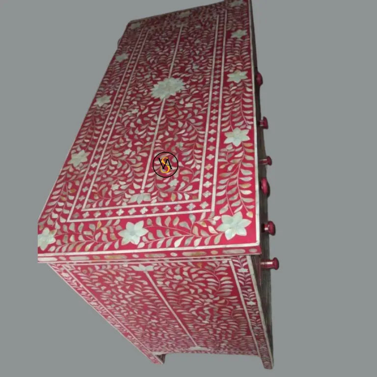 Mother of Pearl Pink Chest of Drawers side & up angle view