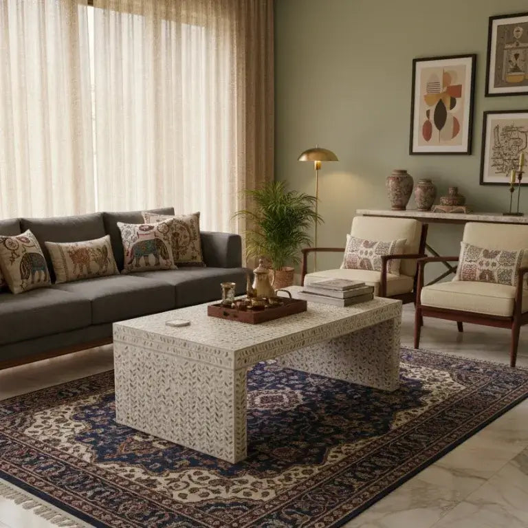 Luxury Living Room Setup with Mother of Pearl Inlay Coffee Table