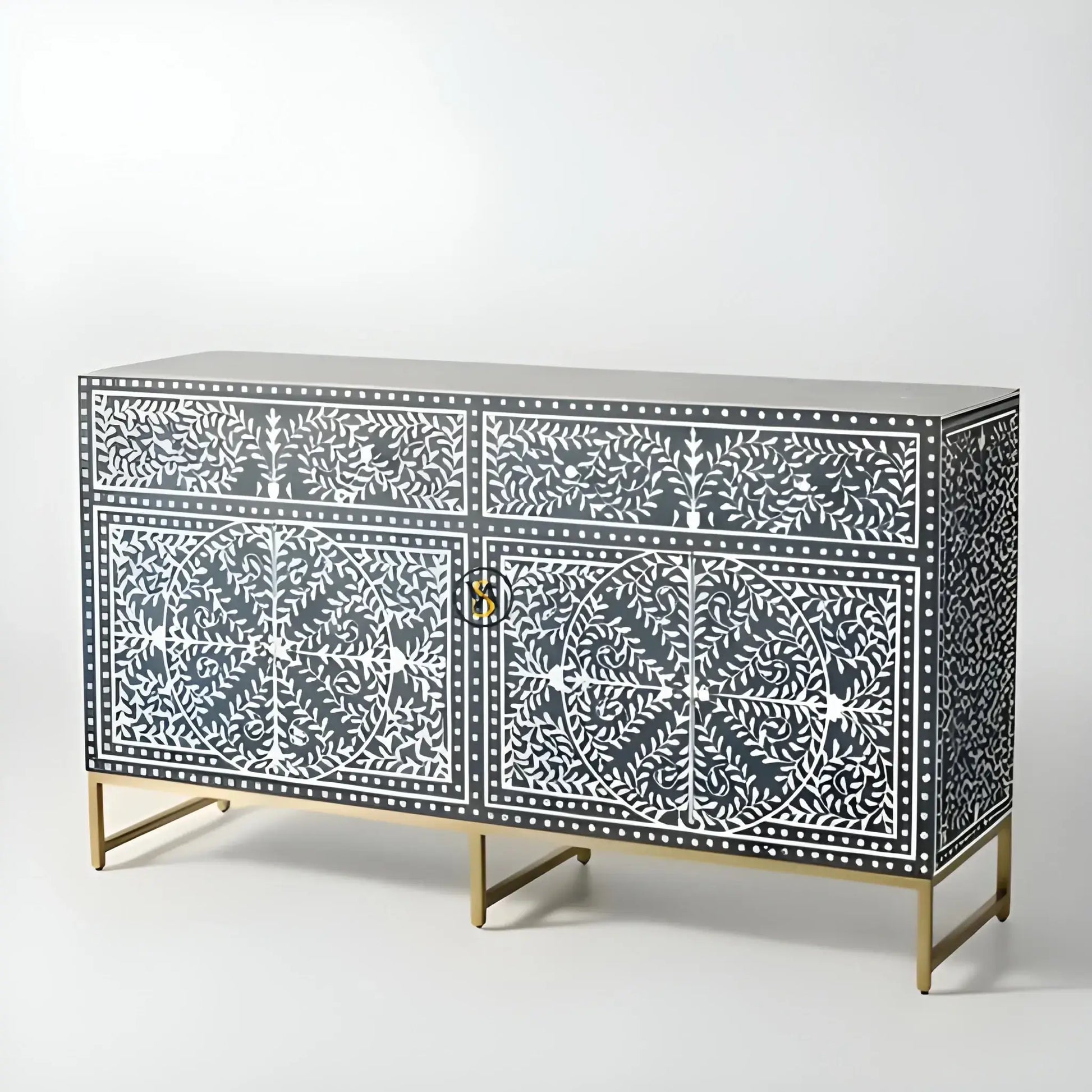 Navy blue floral bone inlay sideboard front view