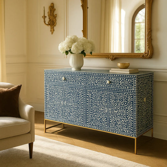 Bone inlay cabinet in elegant living room with mirror and flowers