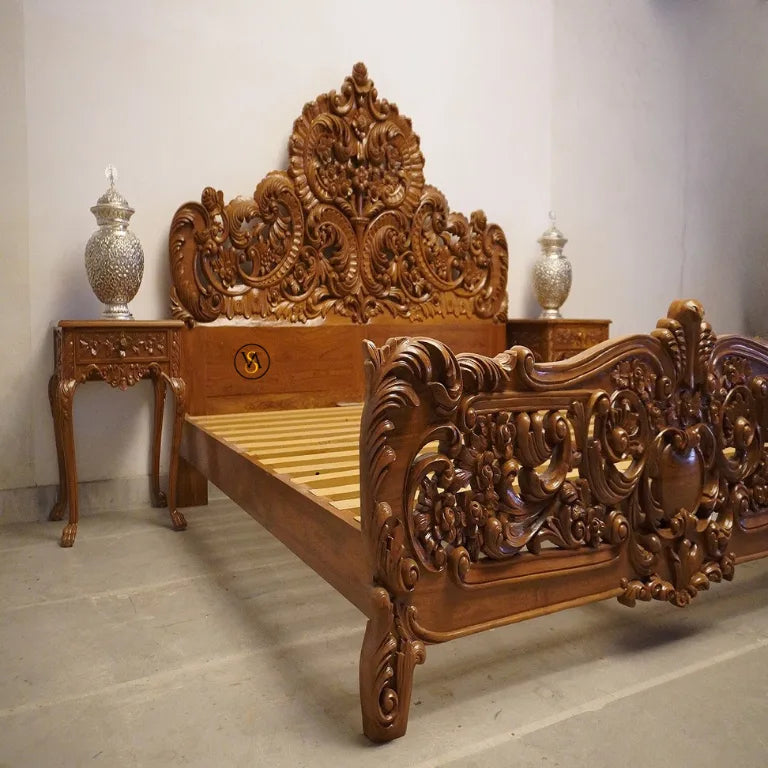 Premium Teak Wood Double Bed with Headboard | Wooden Double Bed