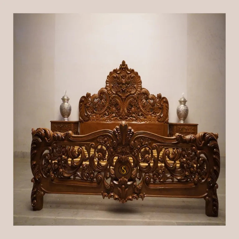 Premium Teak Wood Double Bed with Headboard | Wooden Double Bed