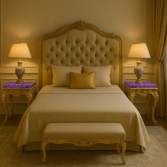 Elegant carved side table with brass cladding and an amethyst top, placed beside a bed in a bedroom setting, with a lamp on top and a cushion on the bed.