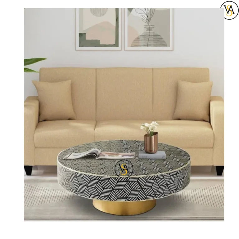 Round Black Bone Inlay Coffee Table with brass base and geometric cube design