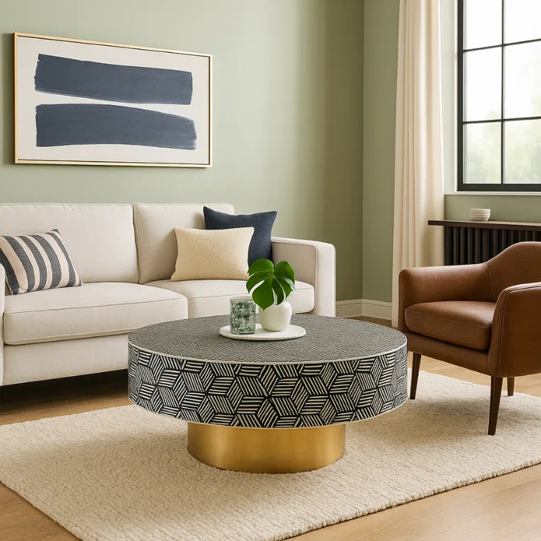 Round Bone Inlay Coffee Table – Cube Design with brass base in modern living room