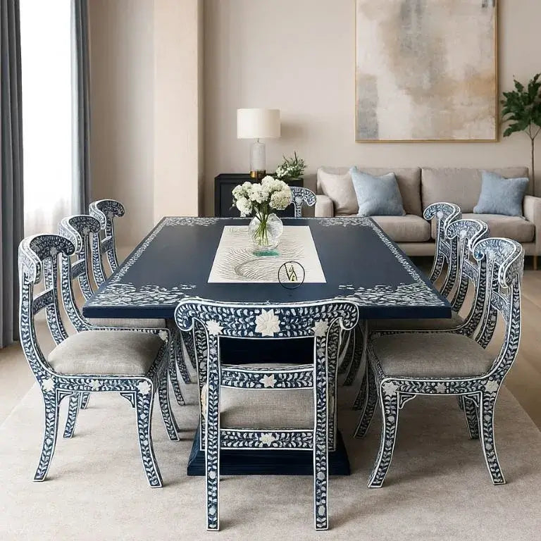 Rustic Blue Bone Inlay Dining Table Set with 8 cushioned chairs in a modern dining room