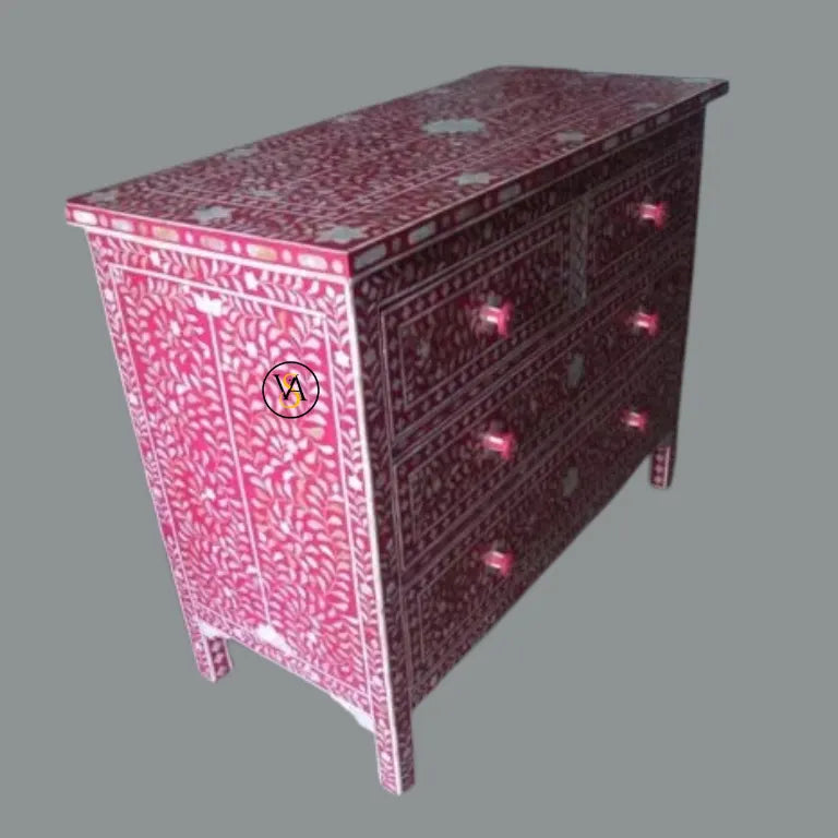 Side angle view of 4 Drawer Chest Dresser in pink mother of pearl inlay