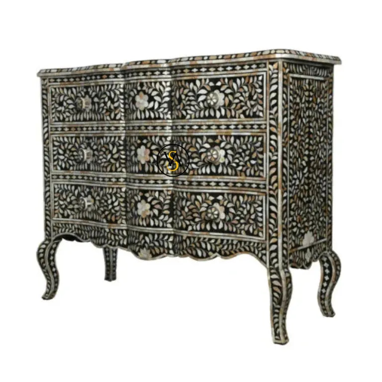 Side View of Mother of Pearl 3 Drawer Black Chest with Wave Design
