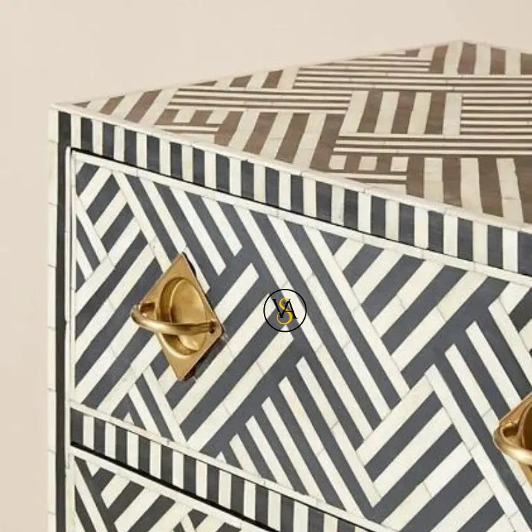 Sideboard buffet with geometric pattern and gold accents on a beige background