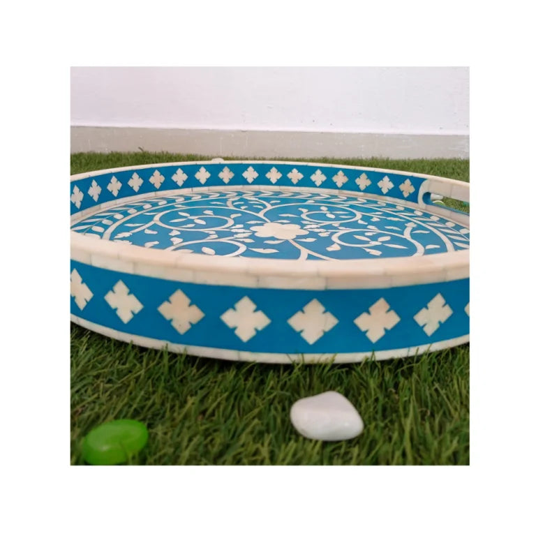 Handmade Bone Inlay Round Tray | Serving Tray