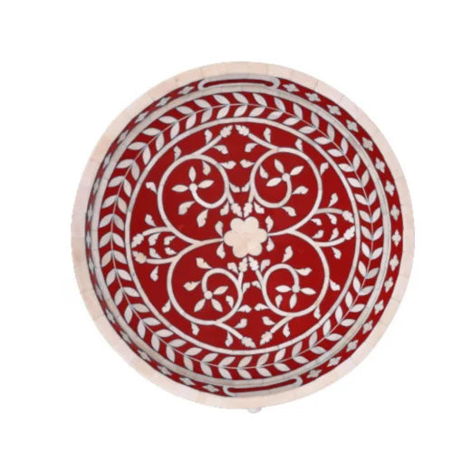 Handmade Bone Inlay Round Tray | Serving Tray