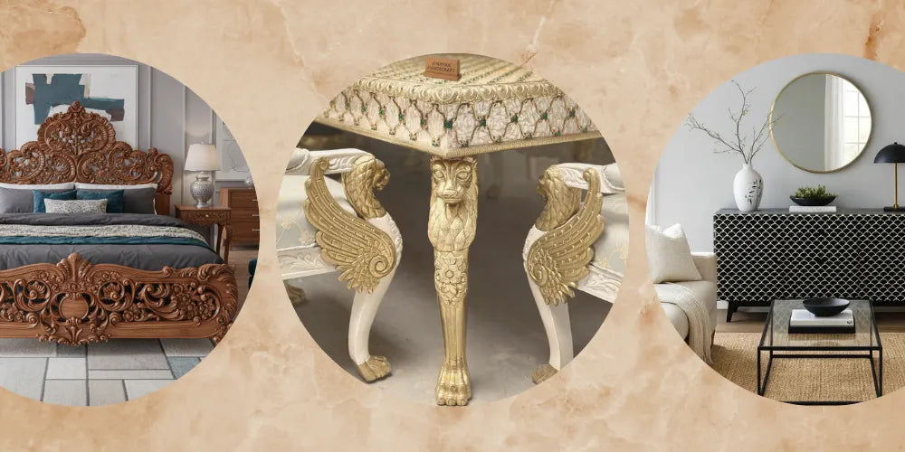 luxurious mother of pearl dining table with carved lion head legs in a home interior setting
