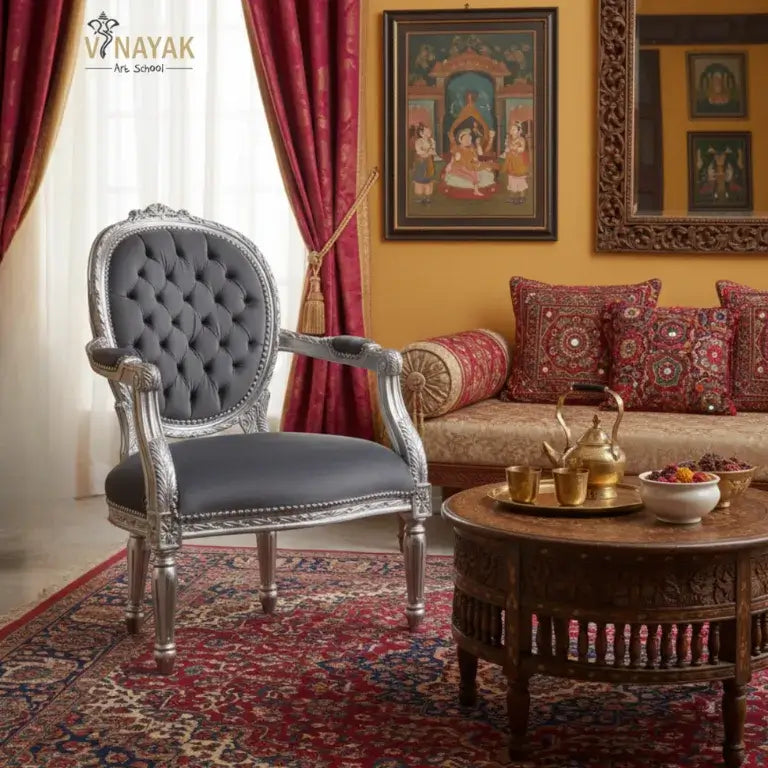 Decorative living room with a White metal German silver chair, red curtains, and a coffee table with decorative items.