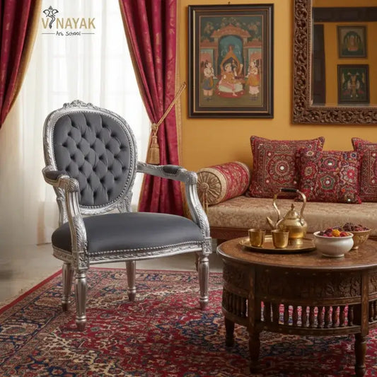 Decorative living room with a White metal German silver chair, red curtains, and a coffee table with decorative items.