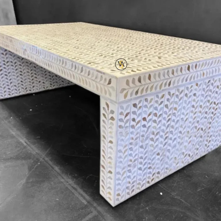 Handcrafted White Mother of Pearl Coffee Table Side View