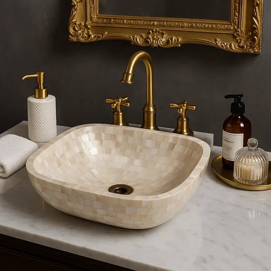 White bathroom sink with gold fixtures, marble countertop, and decorative mirror.