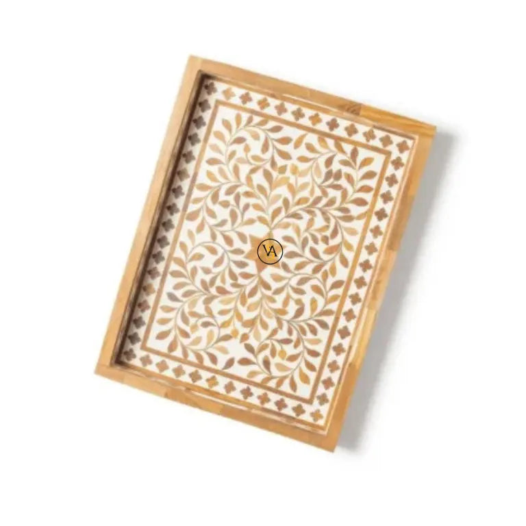 Top view of Wood Inlay Tray – floral wooden serving tray